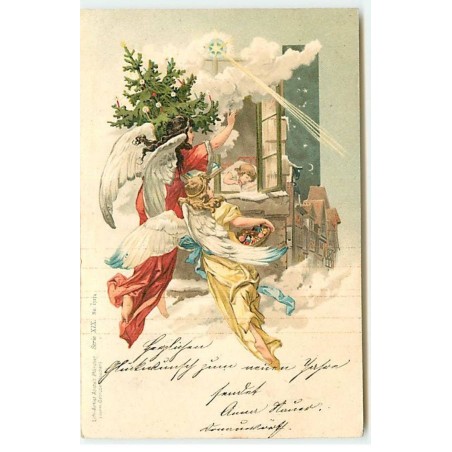 n°19076 - Anges gardiens apportant un sapin et des cadeaux à un enfant dormant