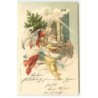 n°19076 - Anges gardiens apportant un sapin et des cadeaux à un enfant dormant