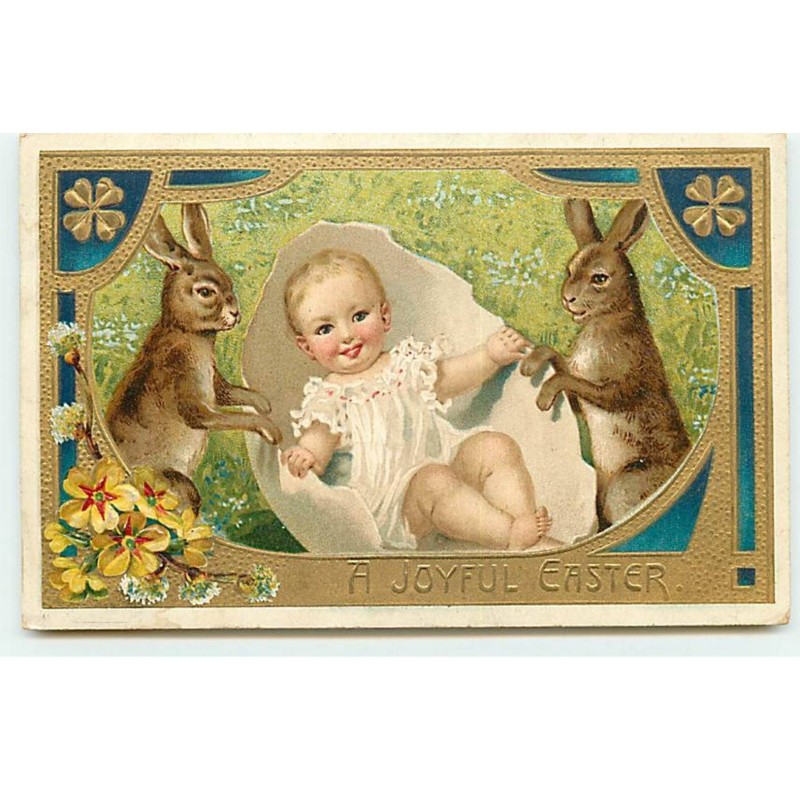 n°19082 - Carte Gaufrée - A Joyful Easter - Lièvres autour d'un bébé dans un oeuf