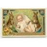 n°19082 - Carte Gaufrée - A Joyful Easter - Lièvres autour d'un bébé dans un oeuf