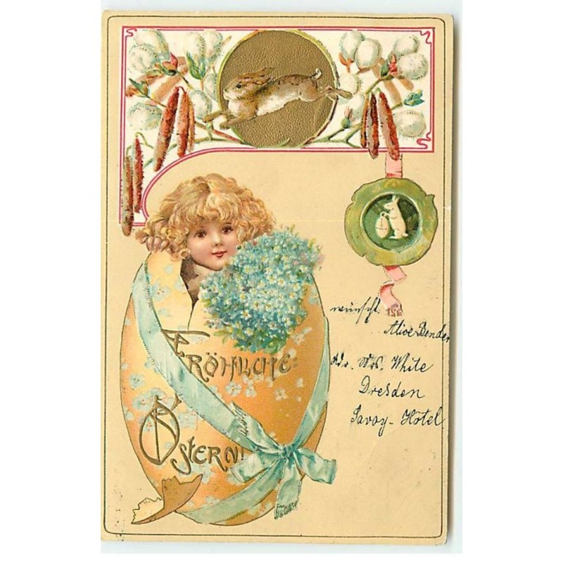 n°19083 - Carte Gaufrée - Fröhliche Ostern - Fillette dans un oeuf