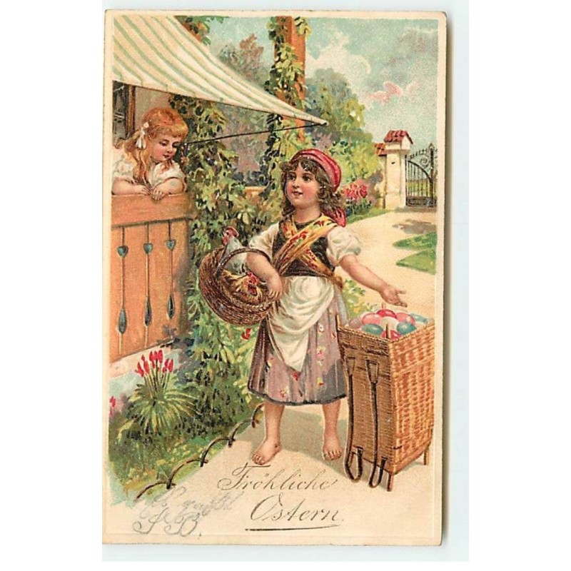 n°19084 - Carte Gaufrée - Fröhliche Ostern - Jeune fille près d'une hotte remplie d'oeufs, les montrant à une autre