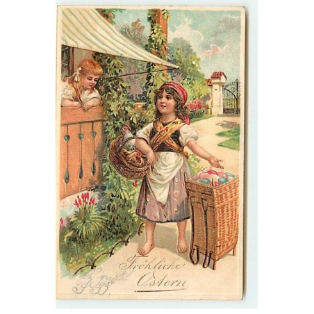 n°19084 - Carte Gaufrée - Fröhliche Ostern - Jeune fille près d'une hotte remplie d'oeufs, les montrant à une autre