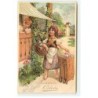 n°19084 - Carte Gaufrée - Fröhliche Ostern - Jeune fille près d'une hotte remplie d'oeufs, les montrant à une autre