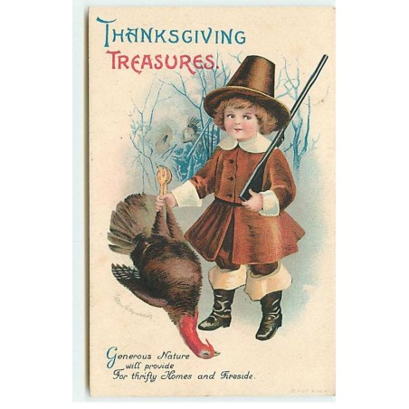 n°19085 - Clapsaddle - Thanksgiving Treasures - Enfant tenant une dinde par les pattes