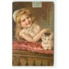 n°19096 - Carte Gaufrée - Fillette caressant un chat