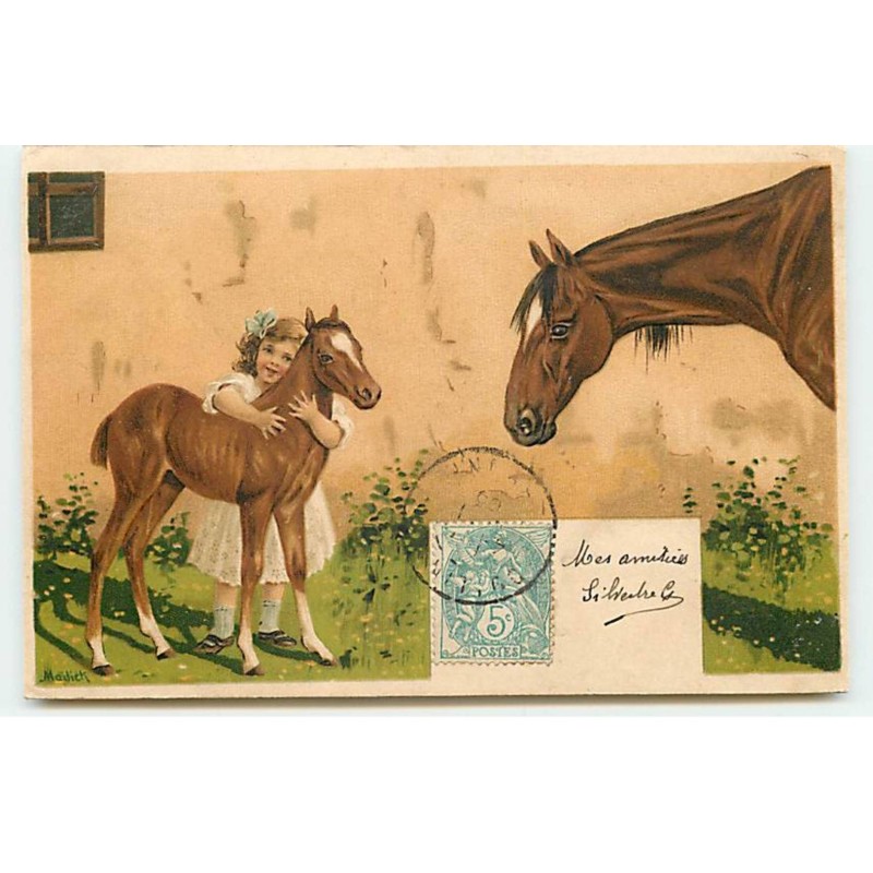 n°19097 - Carte Gaufrée - Fillette câlinant un poulain devant la jument