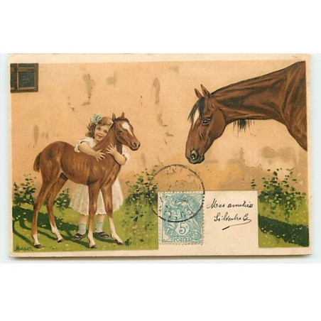 n°19097 - Carte Gaufrée - Fillette câlinant un poulain devant la jument