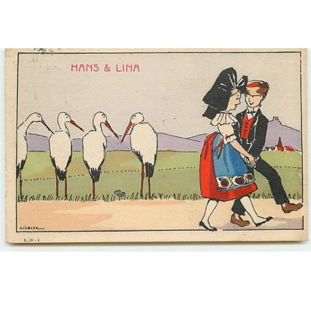 n°19103 - Lisbeth - Hans & Lina - Couple d'Alsaciens et Cigognes