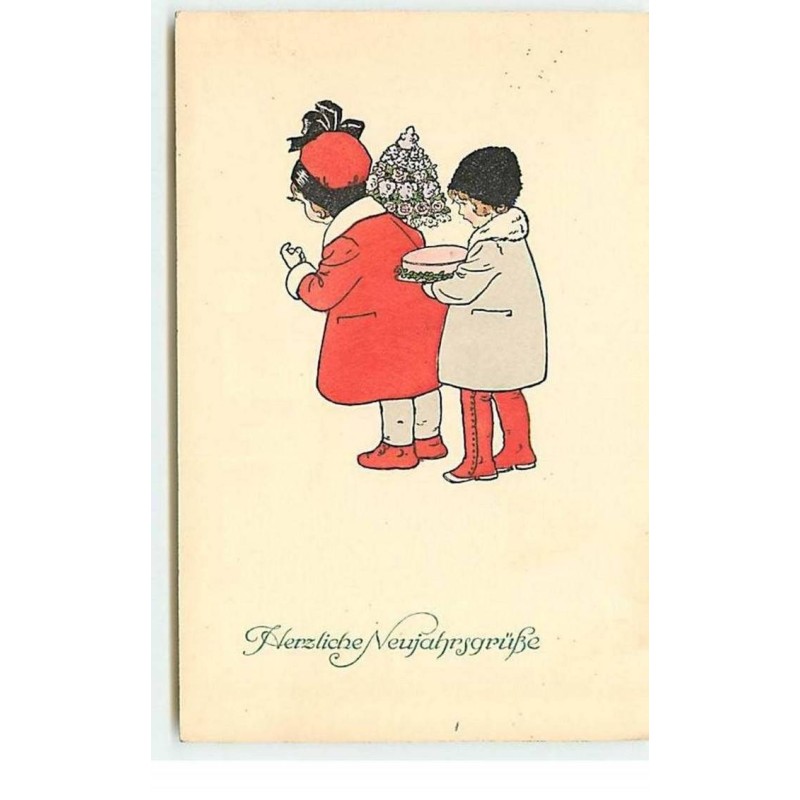 n°19104 - P. Ebner - MM Vienne n°1078 - Herzliche Neujahrsgrüss - Fillettes apportant gâteaux et fleurs