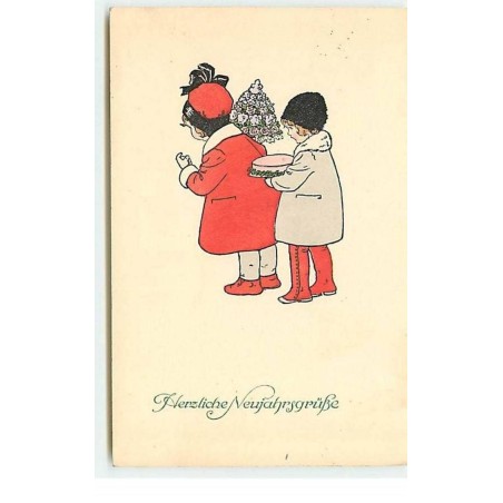 n°19104 - P. Ebner - MM Vienne n°1078 - Herzliche Neujahrsgrüss - Fillettes apportant gâteaux et fleurs