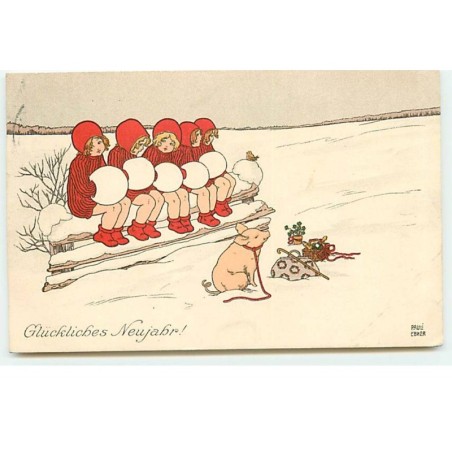 n°19105 - P. Ebner - MM Vienne n°470 - Glückliches Neujahr - Fillettes regardant un cochon dans la neige