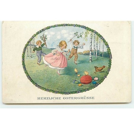 n°19107 - P. Ebner - MM Vienne n°1251 - Herzliche Ostergrüsse - Enfants chassant des poules autour d'oeufs
