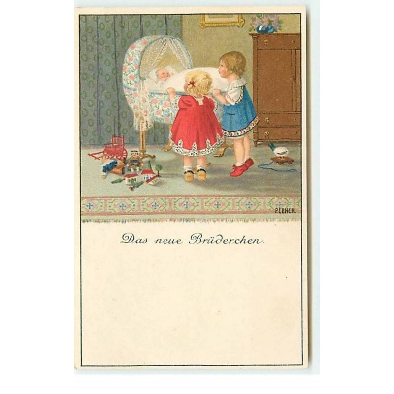 n°19108 - P. Ebner - MM Vienne n°878 - Das neue Brüderchen - Fillettes regardant un bébé dormant dans son berceau