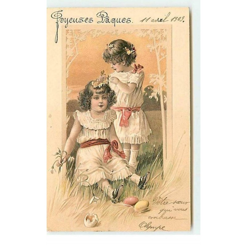 n°19109 - Carte Gaufrée - Joyeuses Pâques - Fillettes, l'un mettant des fleurs dans les cheveux de l'autre