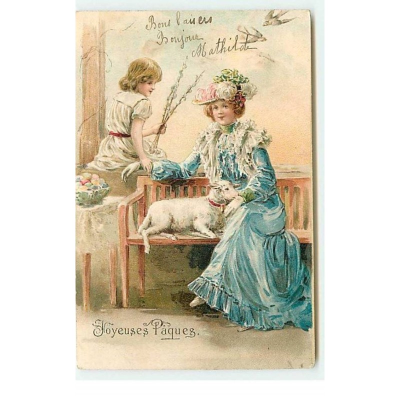 n°19110 - Carte Gaufrée - Joyeuses Pâques - Jeune femme, et fillette sur un banc avec un mouton