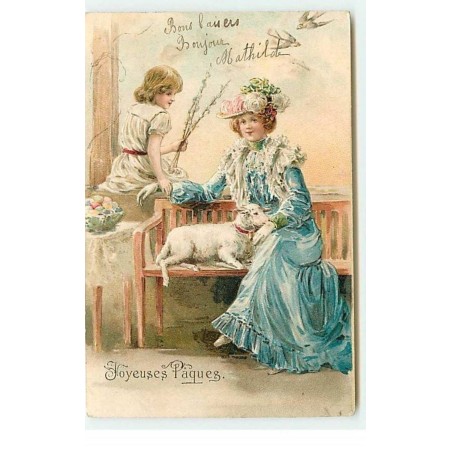 n°19110 - Carte Gaufrée - Joyeuses Pâques - Jeune femme, et fillette sur un banc avec un mouton