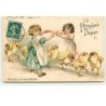 n°19111 - Carte Gaufrée - Heureuses Pâques - Poussins passant entre deux fillettes - Echantillon sans valeur
