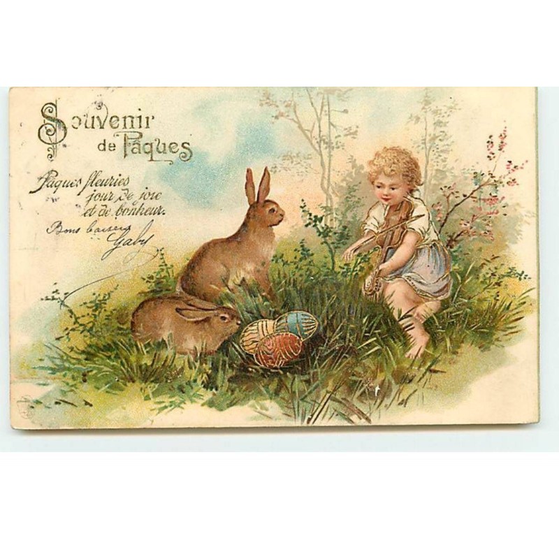 n°19112 - Carte Gaufrée - Souvenir de Pâques - Lièvres près d'oeufs, écoutant un garçon jouant du violon