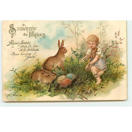 n°19112 - Carte Gaufrée - Souvenir de Pâques - Lièvres près d'oeufs, écoutant un garçon jouant du violon