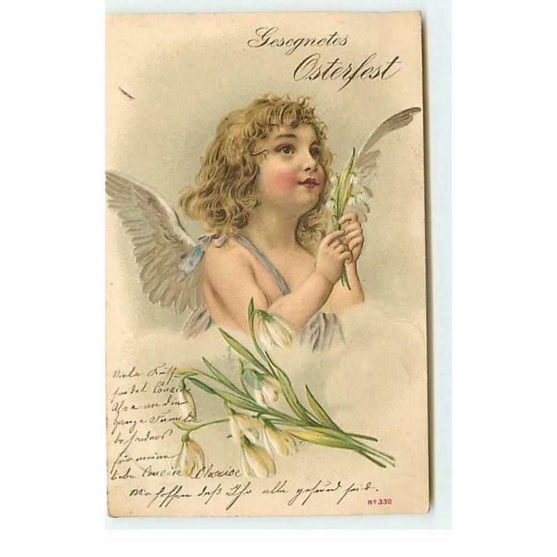n°19113 - Carte Gaufrée - Gesegnetes Osterfest - Ange tenant des fleurs