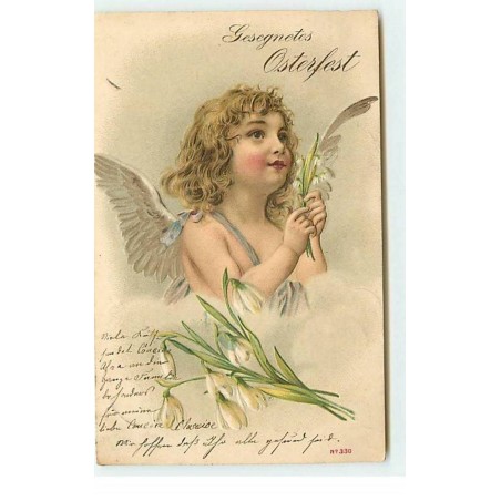 n°19113 - Carte Gaufrée - Gesegnetes Osterfest - Ange tenant des fleurs