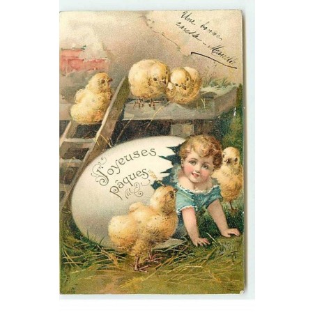 n°19114 - Joyeuses Pâques - Poussins regardant un bébé sortant d'un oeuf