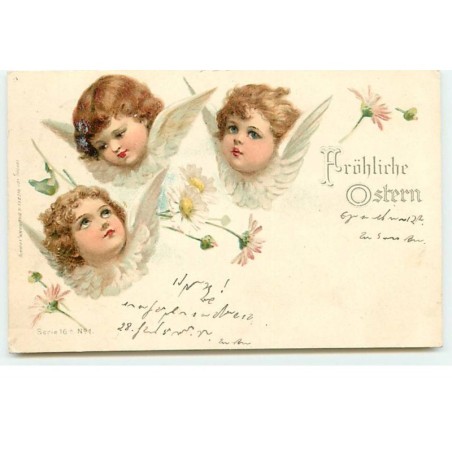 n°19116 - Wezel & Naumann - Serie 16A n°1 - Fröhliche Ostern - Trois têtes d'anges parmi des fleurs
