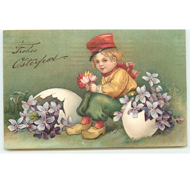 n°19117 - Carte Gaufrée - Clapsaddle - Fröhles Osterfest - Garçon assis entre deux oeufs remplis de violettes