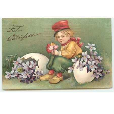 n°19117 - Carte Gaufrée - Clapsaddle - Fröhles Osterfest - Garçon assis entre deux oeufs remplis de violettes