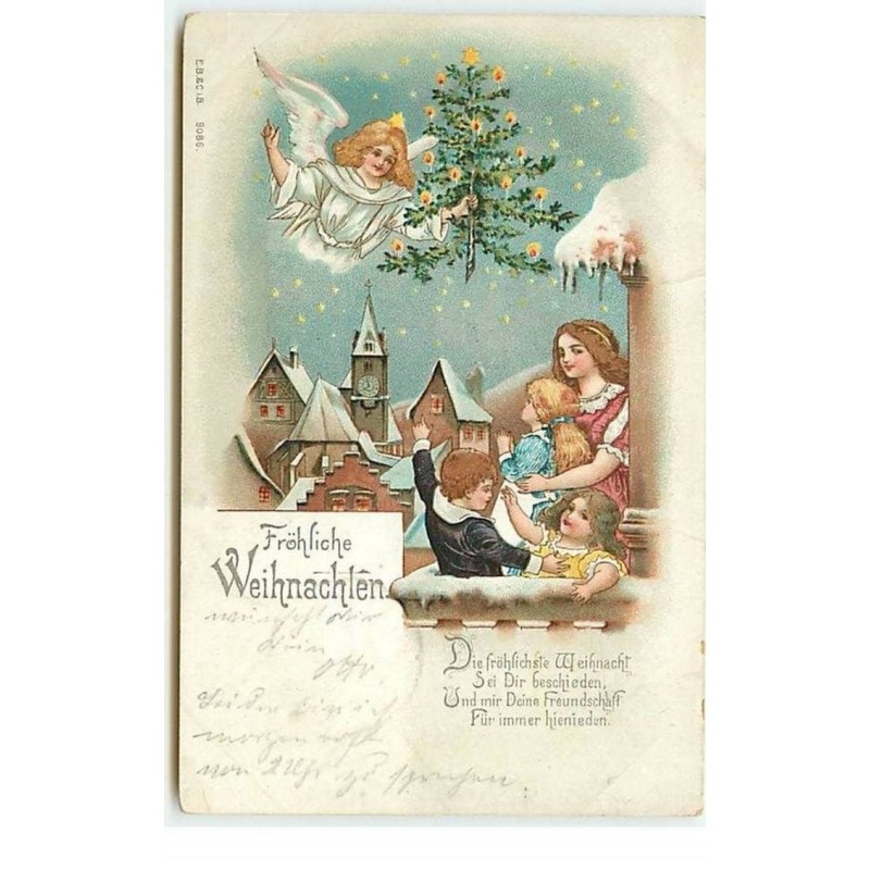 n°19120 - Fröhliche Weihnachten - Enfants sur un balcon regardant un ange gardien apportant un sapin