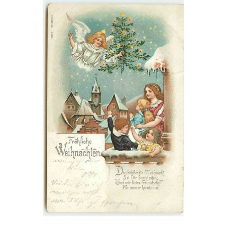 n°19120 - Fröhliche Weihnachten - Enfants sur un balcon regardant un ange gardien apportant un sapin