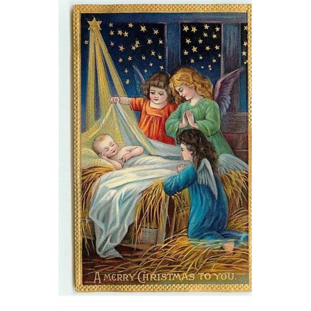 n°19126 - Carte Gaufrée - A Merry Christmas to You - Anges priant autour d'un bébé dormant dans un berceau de paille