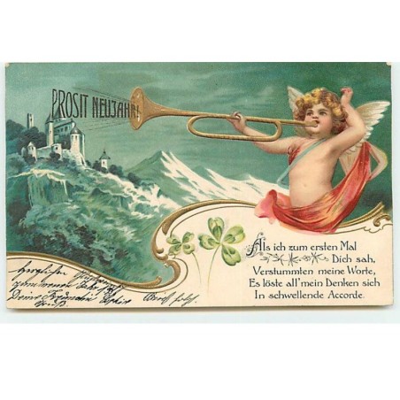 n°19129 - Carte Gaufrée - Clapsaddle - Prosit Neujahr - Ange jouant de la trompette