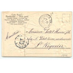 n°19141 - Carte Gaufrée - Porte Bonheur - Garçon se promenant avec deux jeunes filles - Brins de muguet