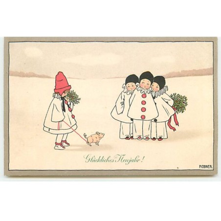 n°19151 - Pauli Ebner - MM Vienne n°776  - Petits Pierrot regardant une Colombine tenant un cochon en laisse
