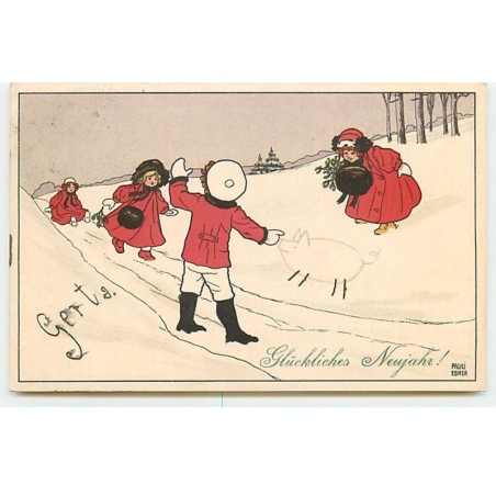 n°19154 - Pauli Ebner - MM Vienne n°468 - Garçon montrant un cochon dessiné dans la neige à des fillettes