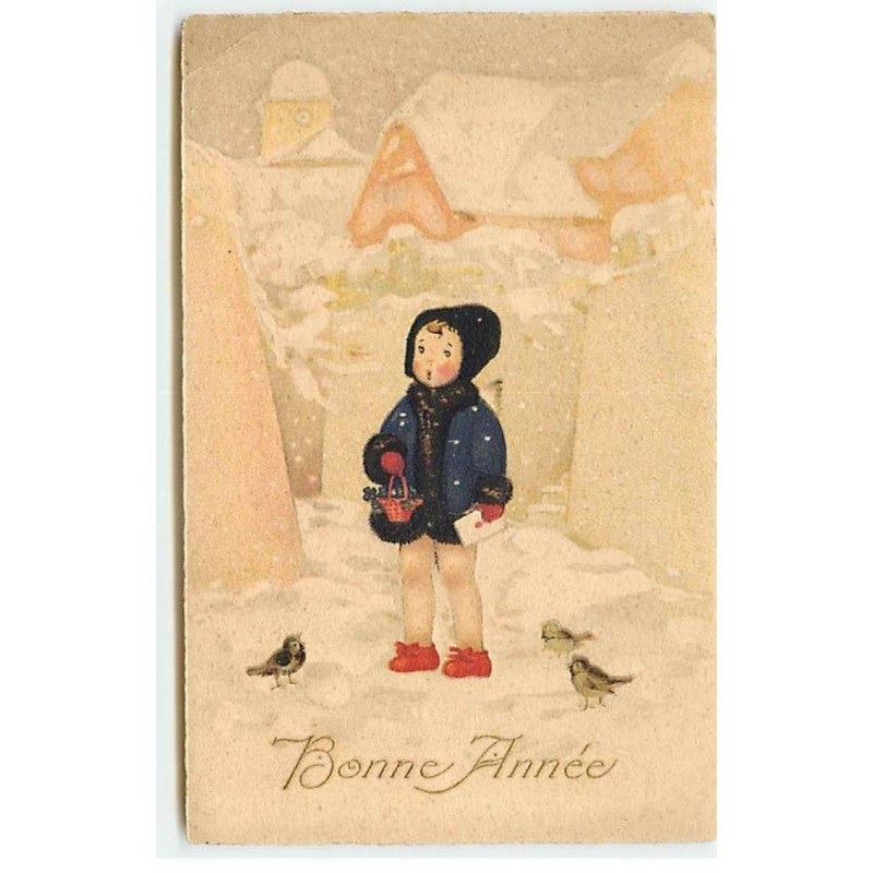 n°19156 - F. Baumgarten - Bonne Année - Fillette sous la neige entourée d'oiseaux