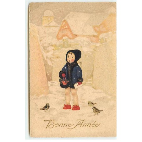 n°19156 - F. Baumgarten - Bonne Année - Fillette sous la neige entourée d'oiseaux