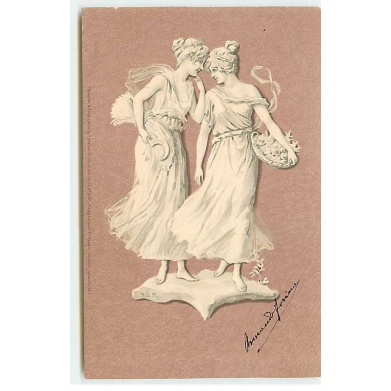 n°19162 - M.S.M. - Deux jeunes femmes, l'une avec une faucille, l'autre portant un panier rempli de fleurs