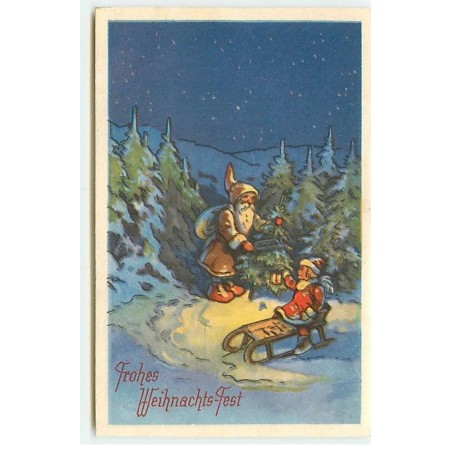 n°19165 - Frohes Weihnachts-Fest - Père Noël coupant un sapin, angelot sur une luge