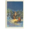 n°19165 - Frohes Weihnachts-Fest - Père Noël coupant un sapin, angelot sur une luge