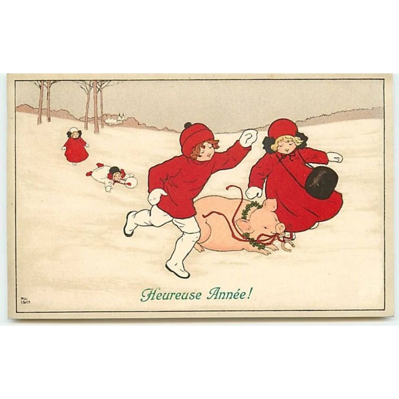n°10013 - Carte Illustrateur - Pauli Ebner - MM Vienne n°403 - Heureuse Année - Enfants et cochon