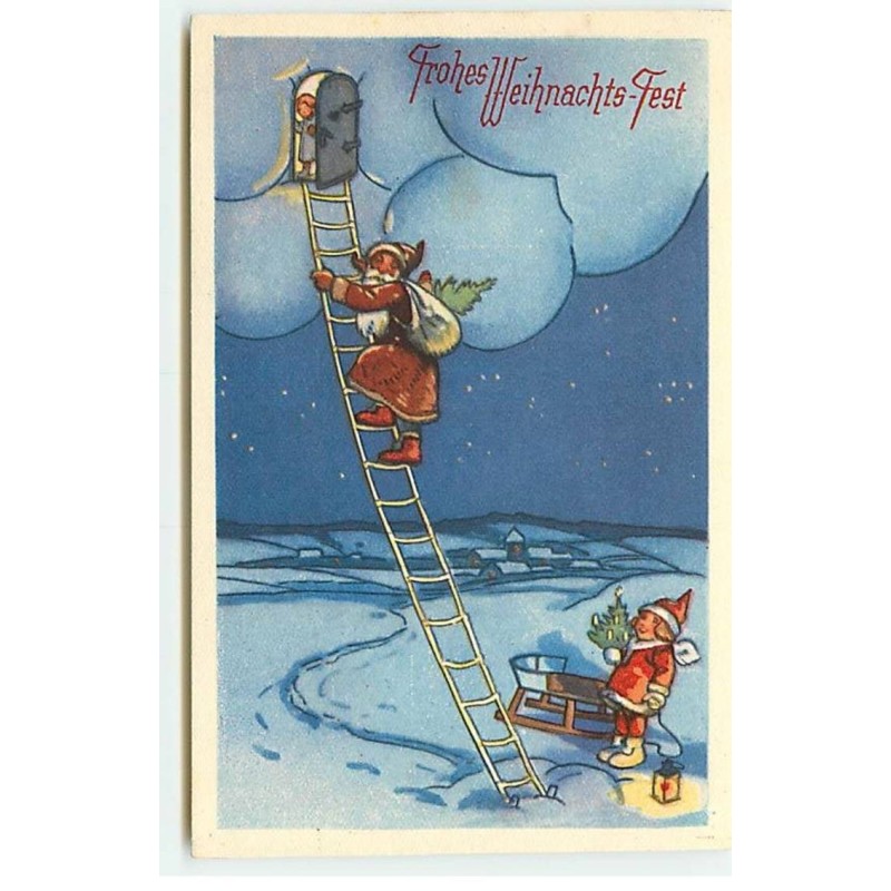 n°19166 - Frohes Weihnachts-Fest - Père Noël montant dans un nuage , angelot