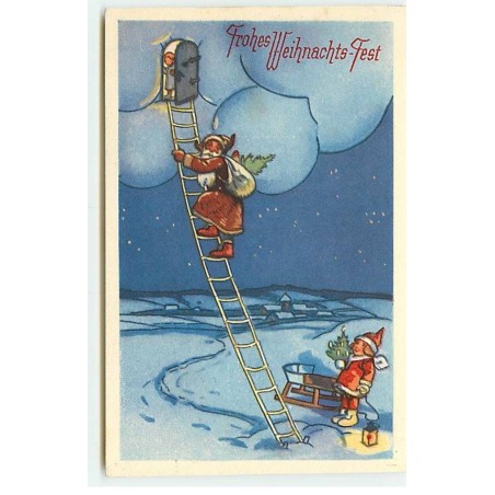n°19166 - Frohes Weihnachts-Fest - Père Noël montant dans un nuage , angelot