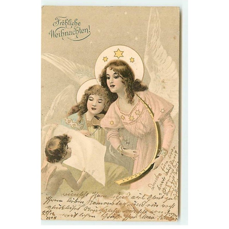 n°19168 - Fröhliche Weihnachten - Anges gardiens chantant, l'une jouant de la lyre, un ange tenant une partition
