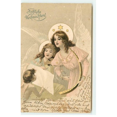n°19168 - Fröhliche Weihnachten - Anges gardiens chantant, l'une jouant de la lyre, un ange tenant une partition
