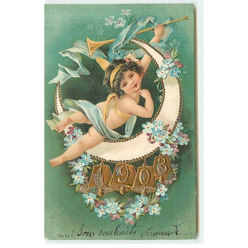 n°19175 - Carte Gaufrée - 1903 - Ange tenant une trompette, près d'un croissant de lune