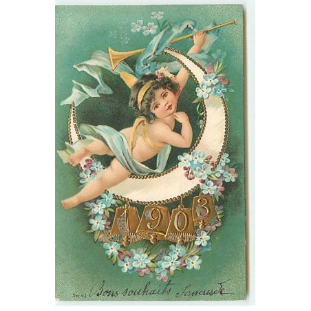 n°19175 - Carte Gaufrée - 1903 - Ange tenant une trompette, près d'un croissant de lune