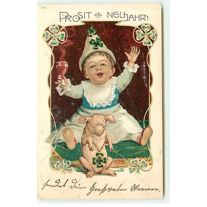 n°19180 - Prosit Neujahr - Bébé buvant avec un cochon